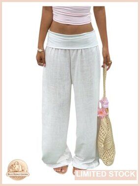 Wide Leg Fold Over Linen Pants Low Rise Lounge Trousers